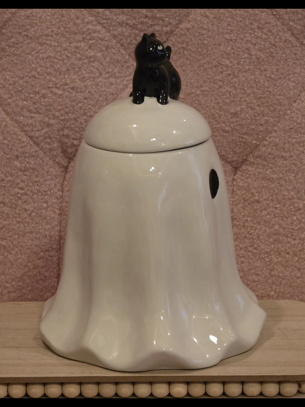 Ceramic White Ghost Cookie Jar with Black Cat Lid